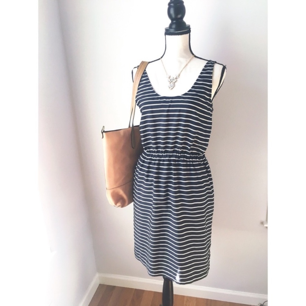LOFT Black and White Striped Sleeveless Dress Med